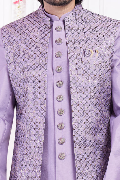 Light Purple Art Silk Mens 3 piece Jacket Set (NMK-8407) - Nihal Fashions