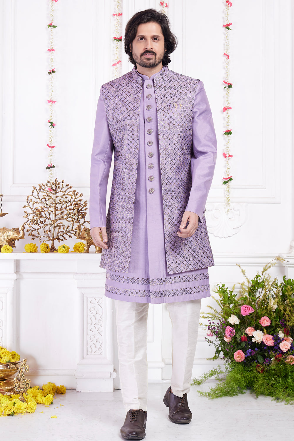 Light Purple Art Silk Mens 3 piece Jacket Set (NMK-8407) - Nihal Fashions