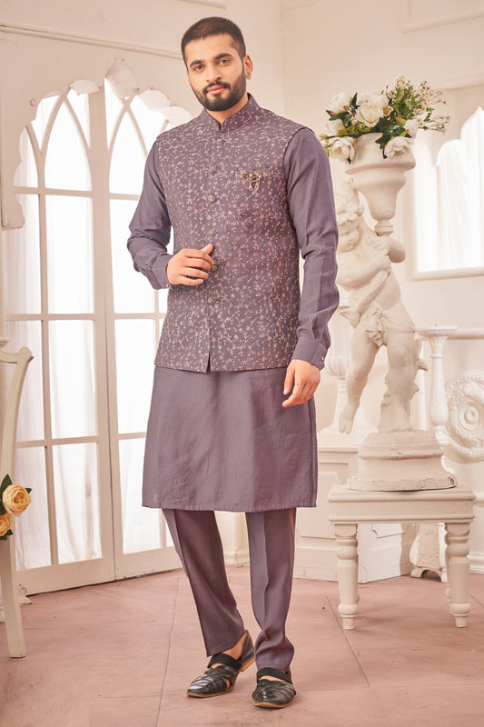 Light Purple Art Silk Mens Nehru Jacket (NMK-7996) - Nihal Fashions