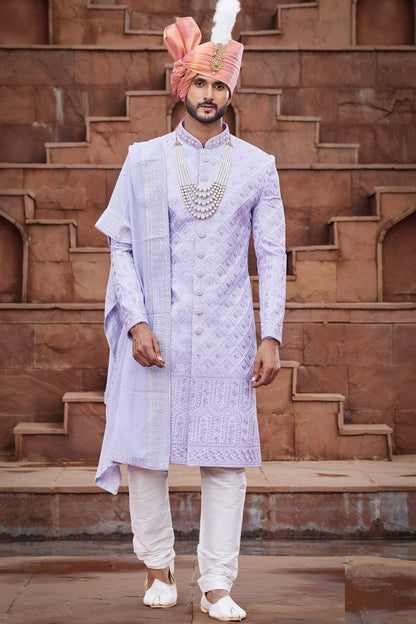 Light Purple Art Silk Mens Sherwani (NMK-7164) - Nihal Fashions