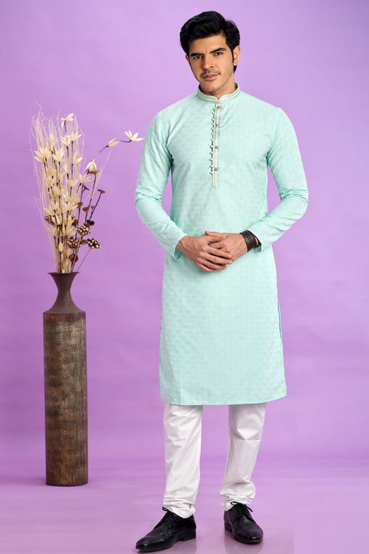 Light Teal Green Jaquard Silk Kurta Pajama (NMK-7570) - Nihal Fashions