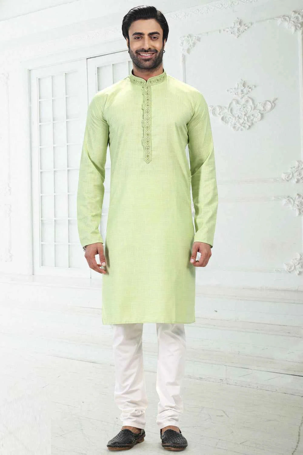Linen Cotton Pista Green Kurta Pajama (NMK-6659)