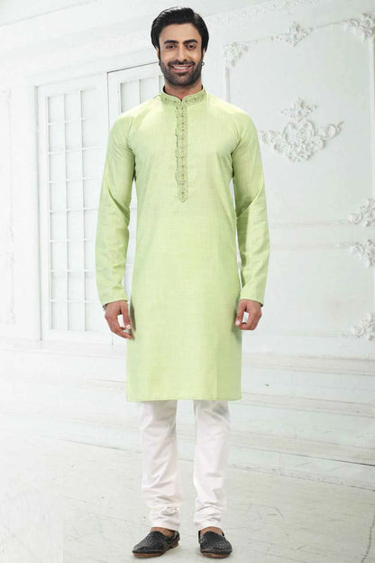 Linen Cotton Pista Green Kurta Pajama (NMK-6659)