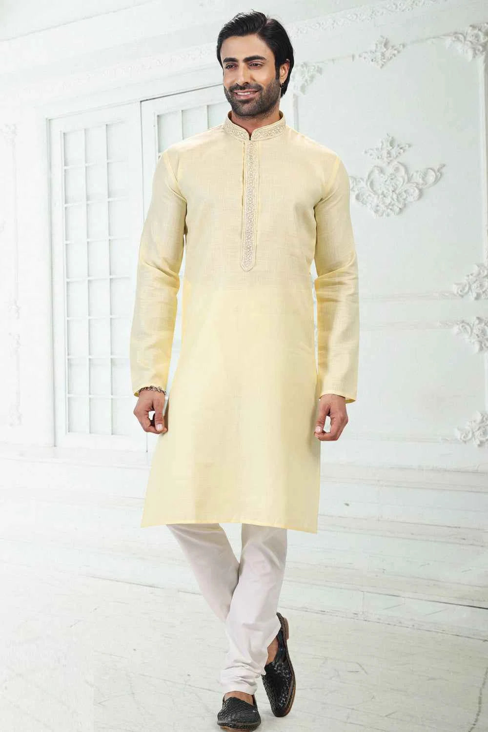 Linen Cotton Yellow Kurta Pajama for Men (NMK-6651)