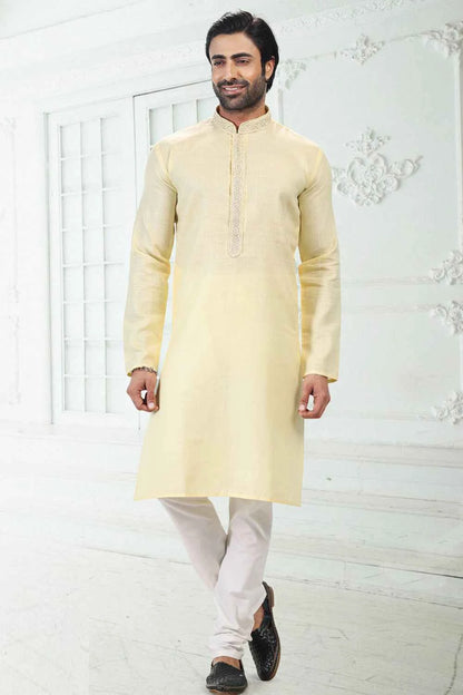 Linen Cotton Yellow Kurta Pajama for Men (NMK-6651)