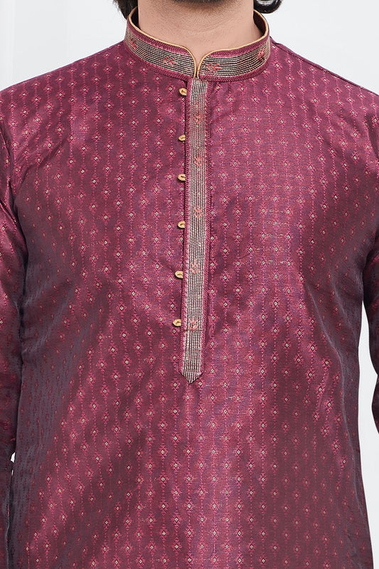 Magenta Jaquard Silk Brocade Kurta (NMK-7743) - Nihal Fashions