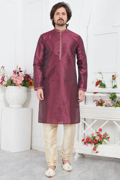 Magenta Jaquard Silk Brocade Kurta (NMK-7743) - Nihal Fashions