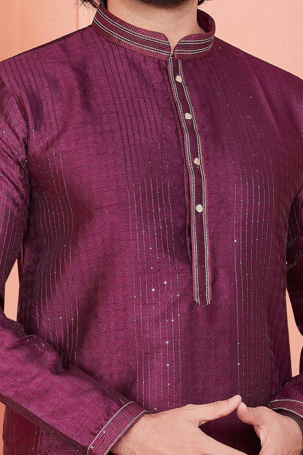 Magenta Jaquard Silk Brocade Kurta Pajama (NMK-8150) - Nihal Fashions