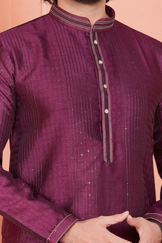 Magenta Jaquard Silk Brocade Kurta Pajama (NMK-8150) - Nihal Fashions