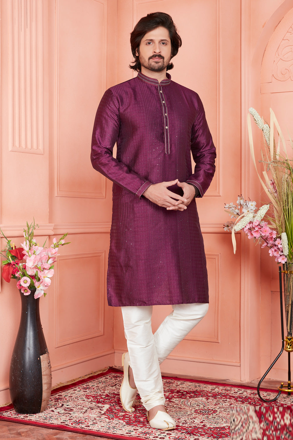 Magenta Jaquard Silk Brocade Kurta Pajama (NMK-8150) - Nihal Fashions