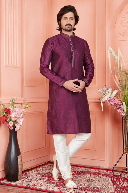 Magenta Jaquard Silk Brocade Kurta Pajama (NMK-8150) - Nihal Fashions