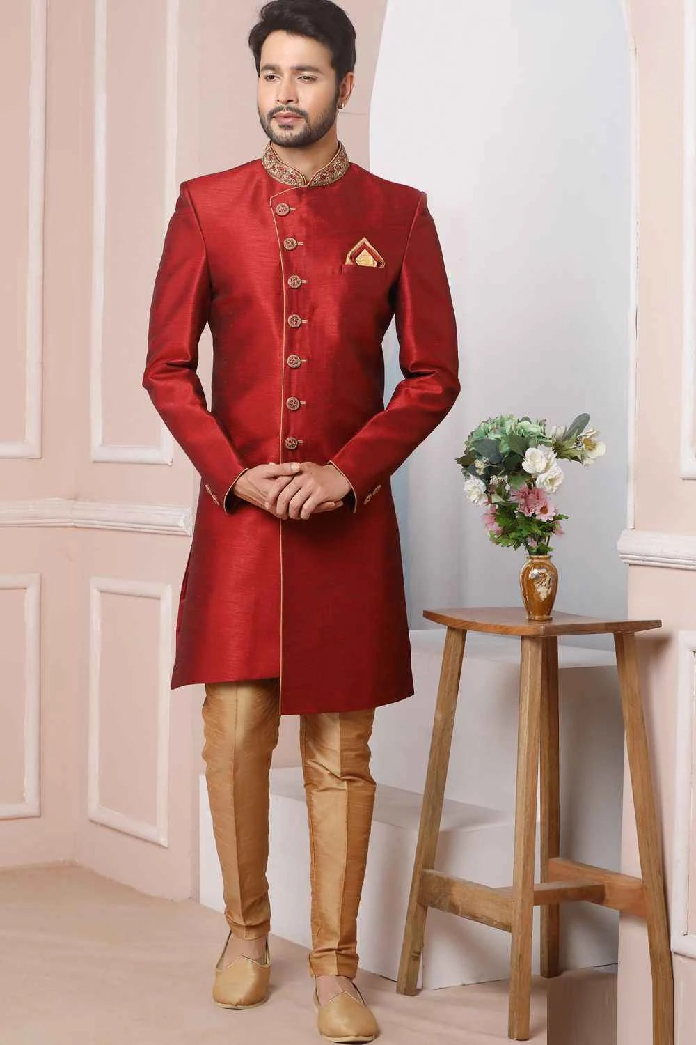 Maroon Art Banarasi Silk Mens Indo Western (NMK-5972)