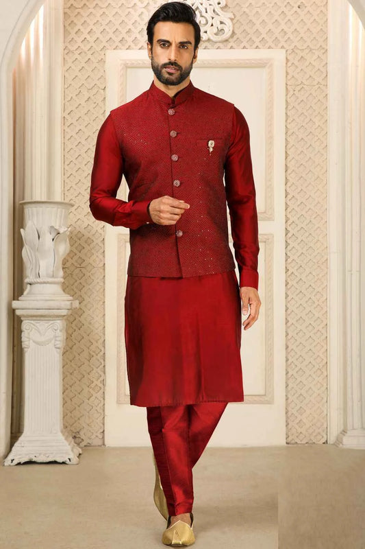 Maroon Art Banarasi Silk Nehru Jacket (NMK-6321)