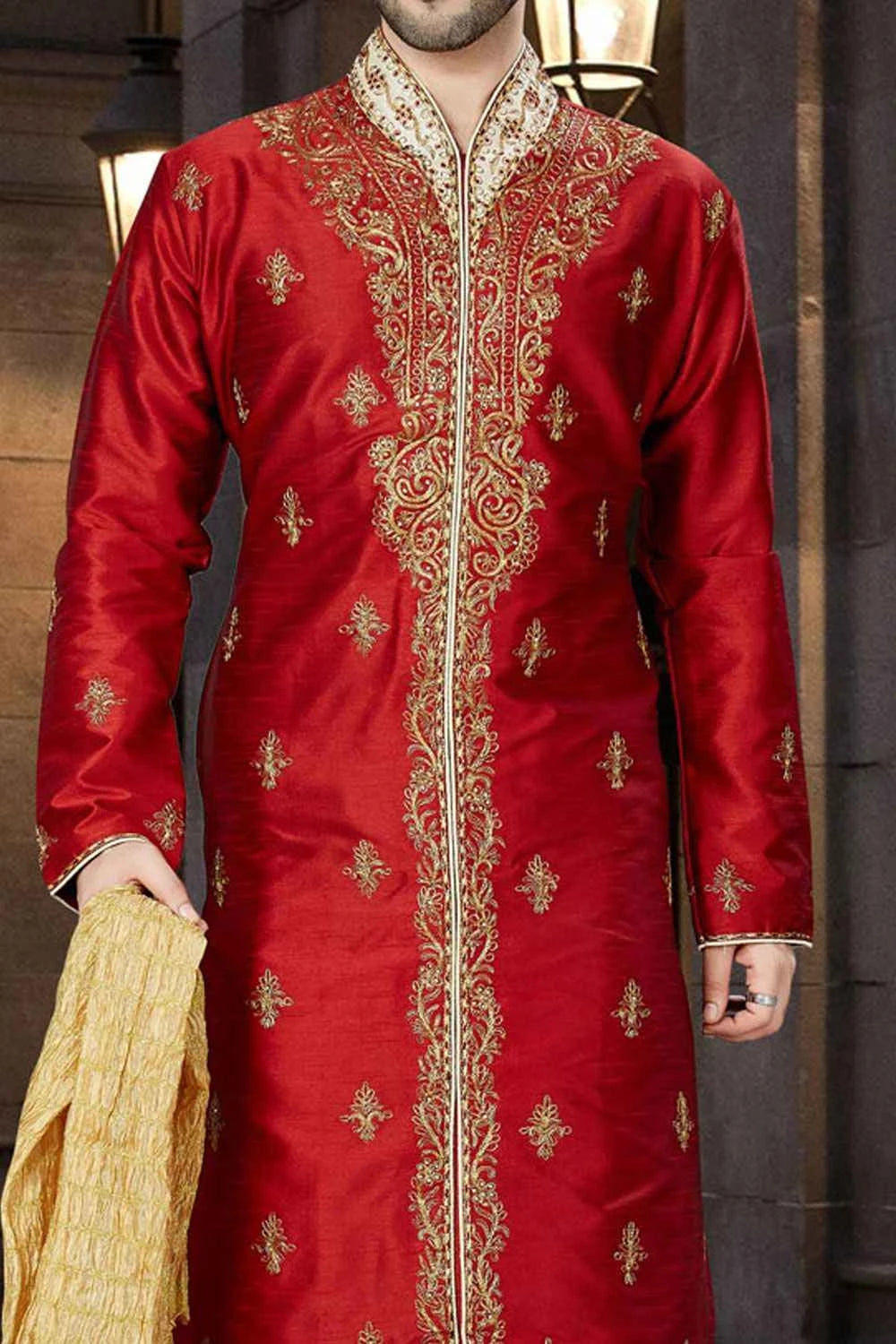 Maroon Art Dupion Designer Kurta Pajama (NMK-3794)