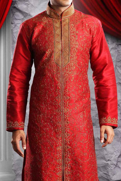 Maroon Art Dupion Mens Kurta Pajama (NMK-1336)