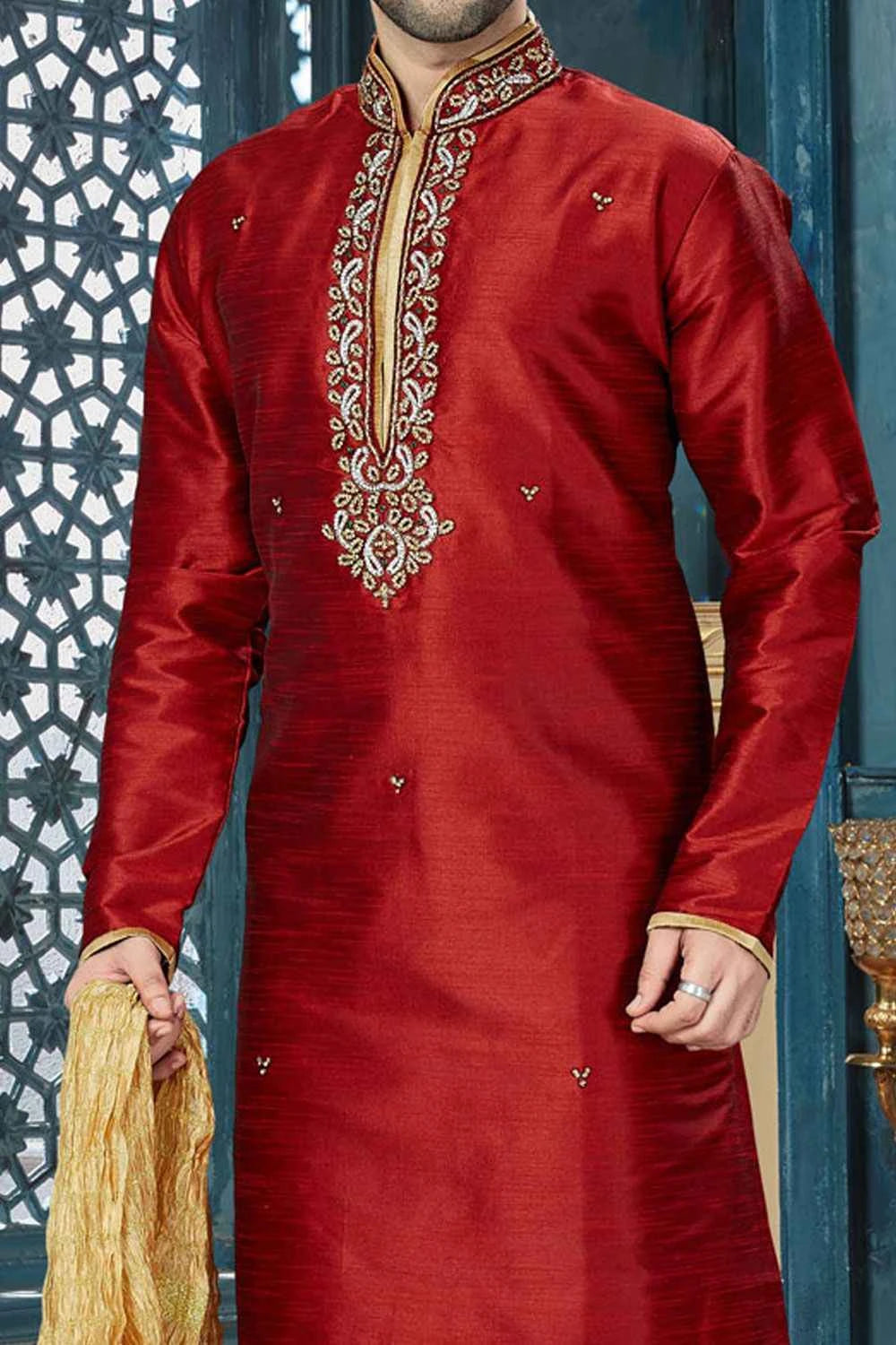 Maroon Art Dupion Mens Kurta Pajama (NMK-3833)