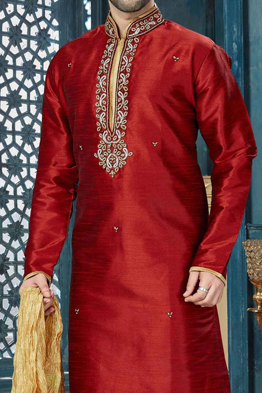 Maroon Art Dupion Mens Kurta Pajama (NMK-3833)