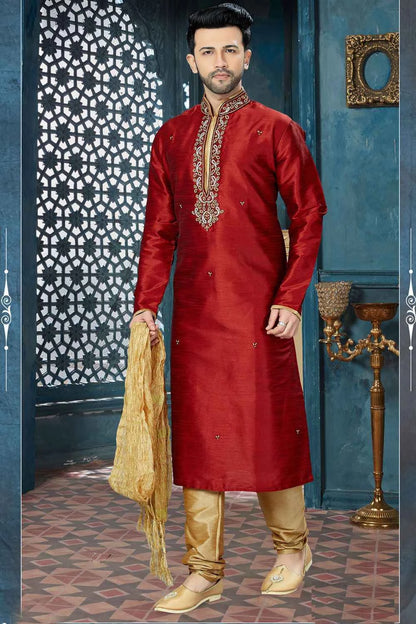 Maroon Art Dupion Mens Kurta Pajama (NMK-3833)