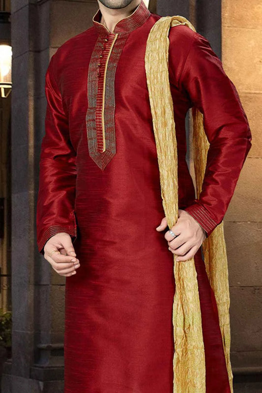 Maroon Art Dupion Regular Kurta Pajama (NMK-3804)