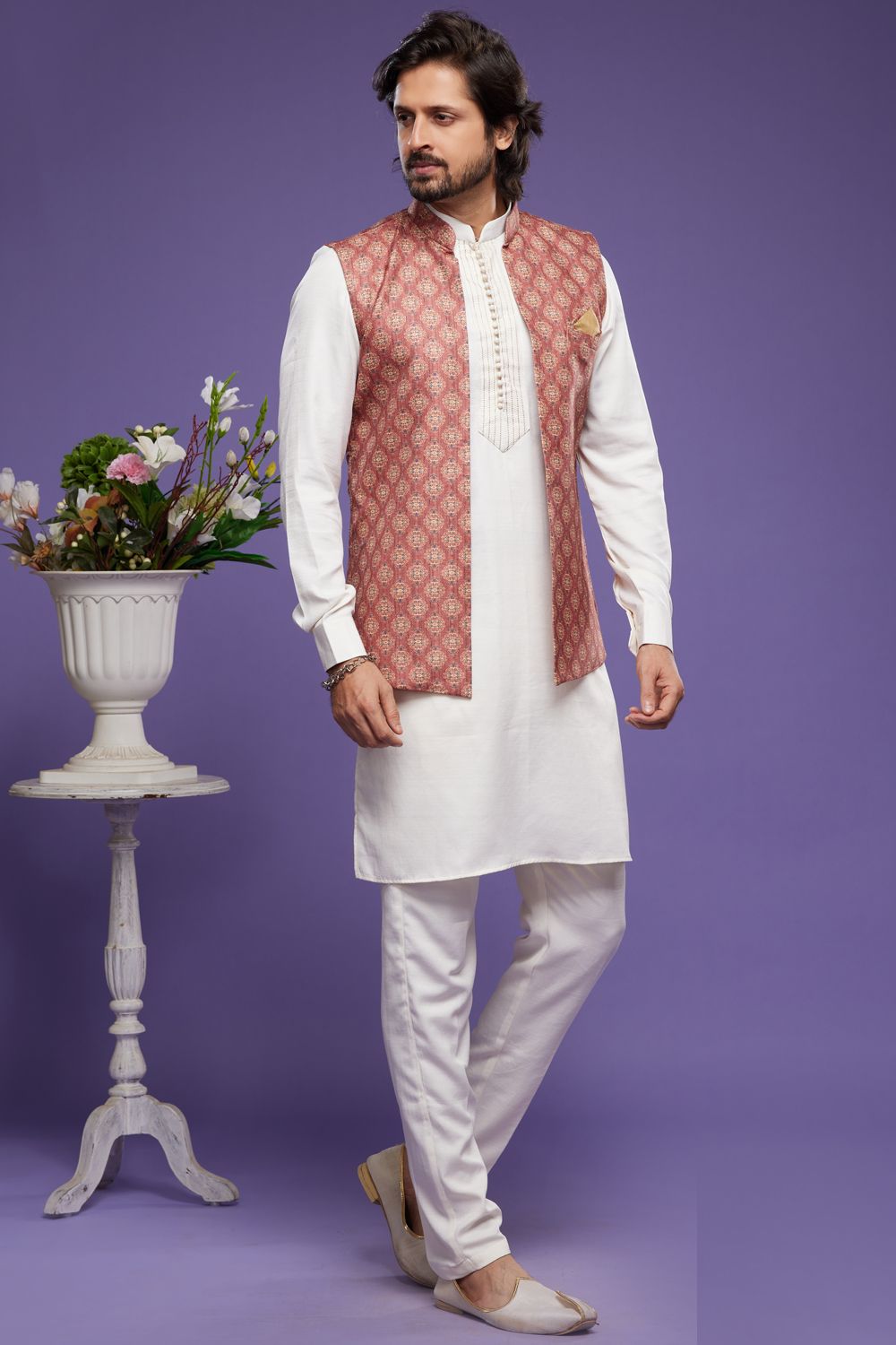 Maroon Art Silk Digital Printed Jacket Kurta (NMK-7095) - Nihal Fashions