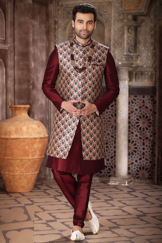 Maroon Art Silk Mens Indo Western (NMK-6853) - Nihal Fashions