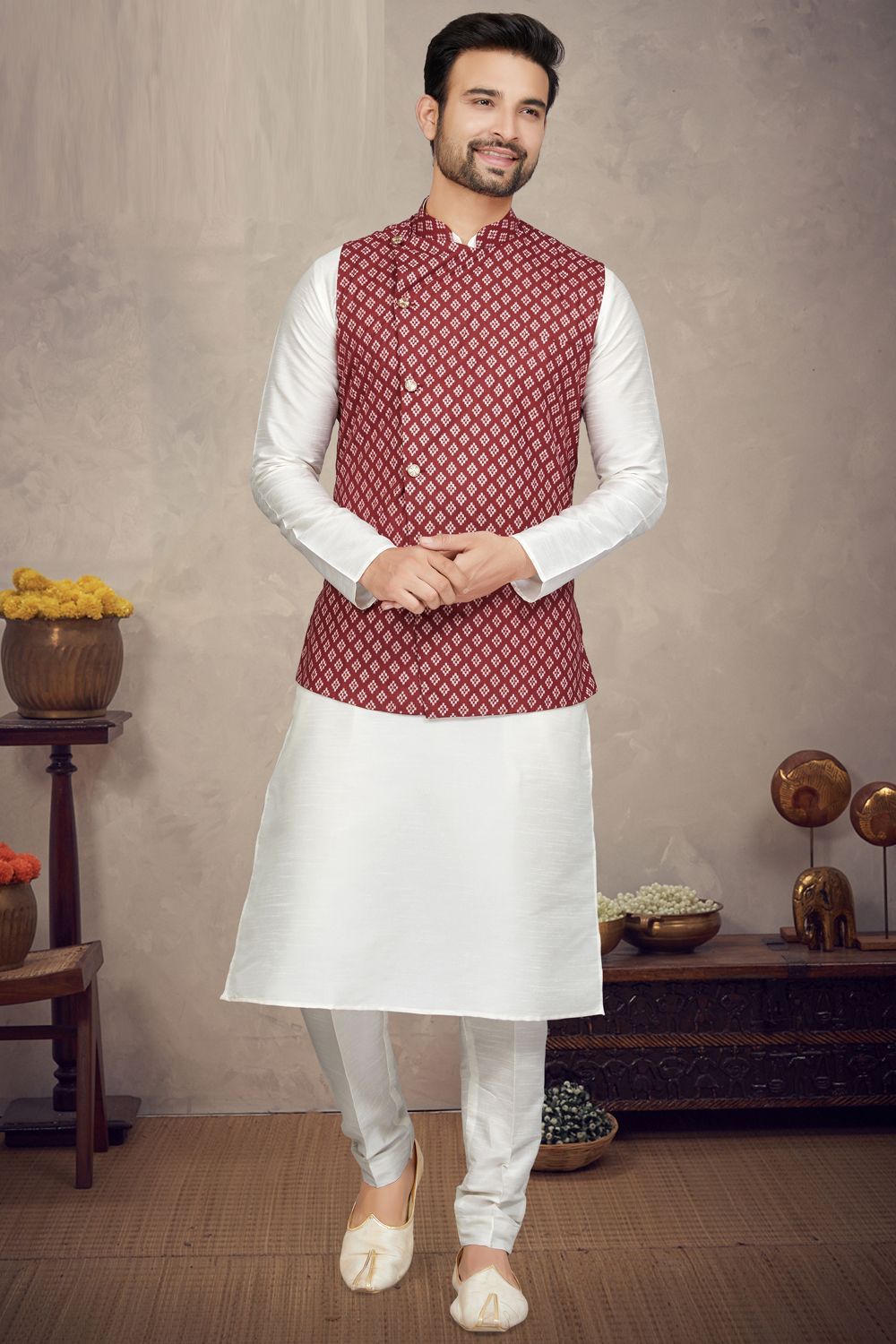 Maroon Art Silk Mens Nehru Jacket (NMK-6959) - Nihal Fashions