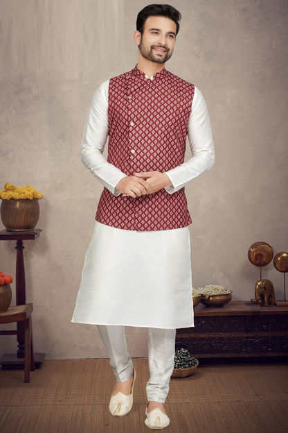 Maroon Art Silk Mens Nehru Jacket (NMK-6959) - Nihal Fashions