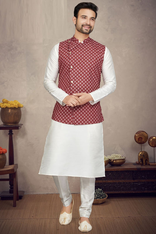 Maroon Art Silk Mens Nehru Jacket (NMK-6959) - Nihal Fashions