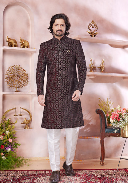 Maroon Art Silk Sherwani for Men (NMK-8304) - Nihal Fashions