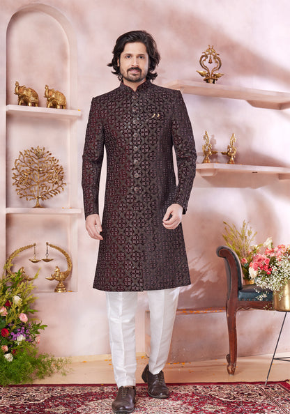 Maroon Art Silk Sherwani for Men (NMK-8304) - Nihal Fashions
