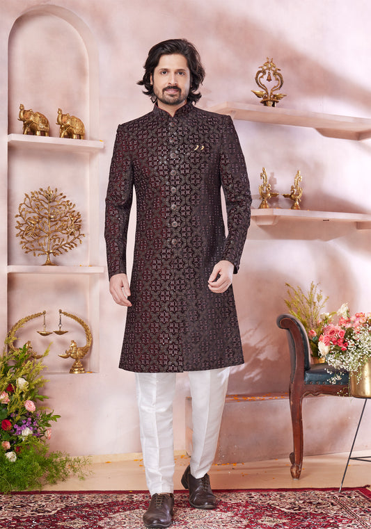 Maroon Art Silk Sherwani for Men (NMK-8304) - Nihal Fashions