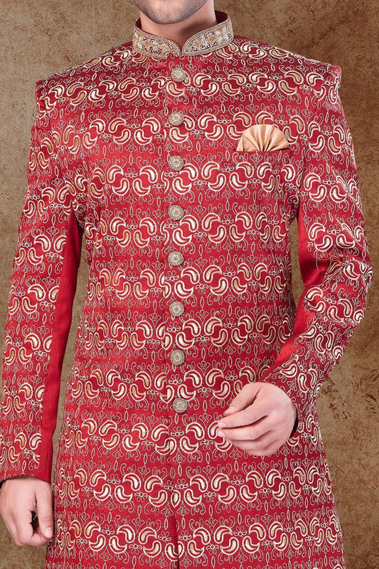 Maroon Art Silk Wedding Sherwani (NMK-6766) - Nihal Fashions