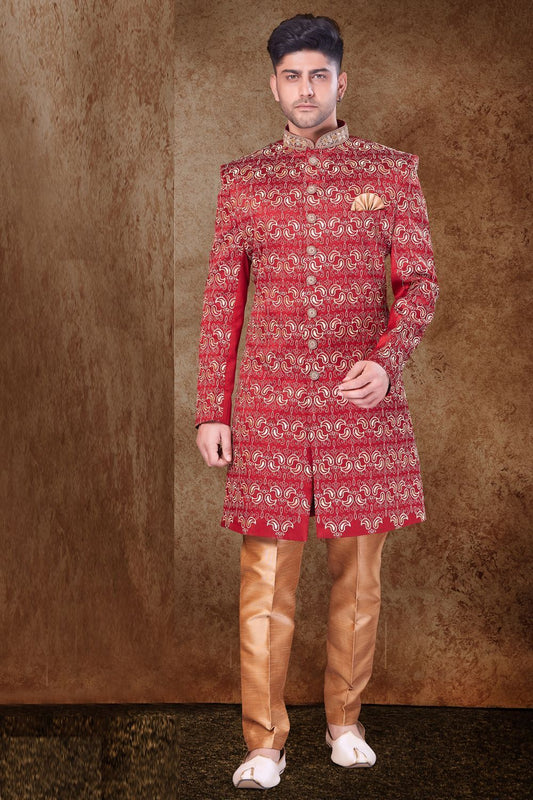 Maroon Art Silk Wedding Sherwani (NMK-6766) - Nihal Fashions