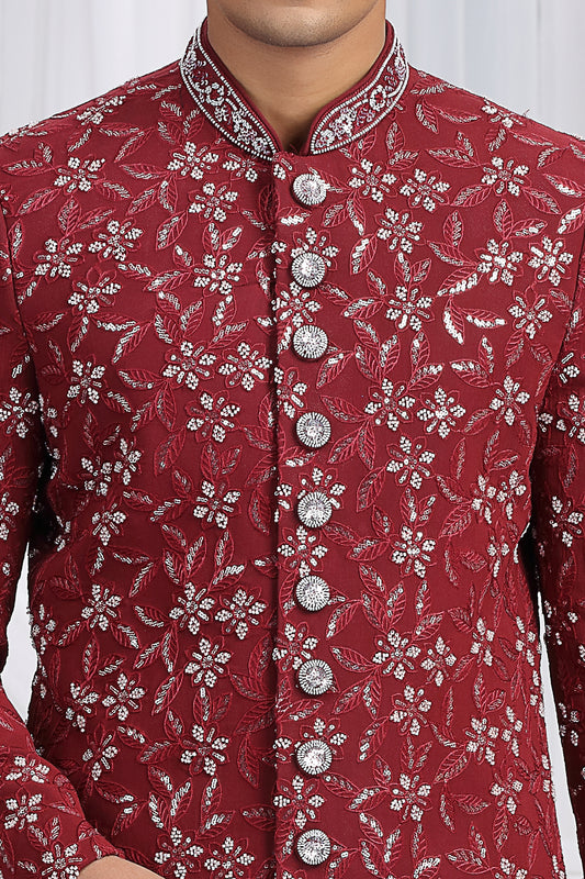 Maroon Art Silk Wedding Sherwani (NMK-8649) - Nihal Fashions