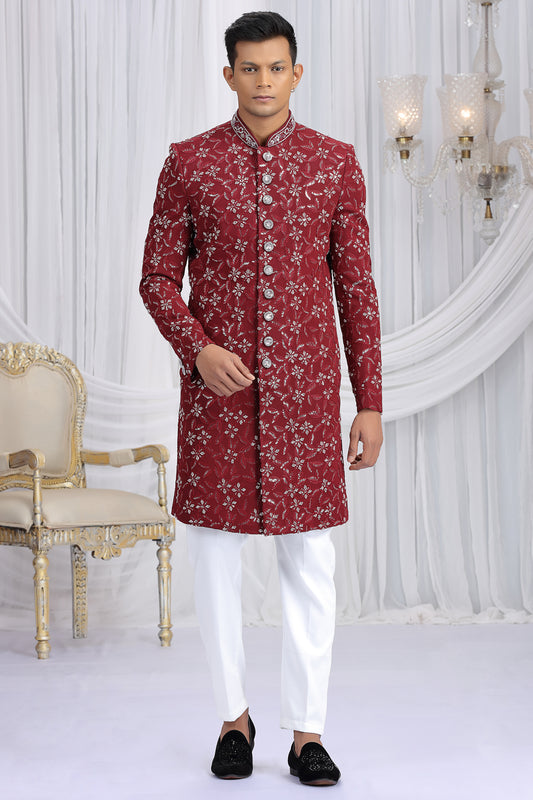 Maroon Art Silk Wedding Sherwani (NMK-8649) - Nihal Fashions