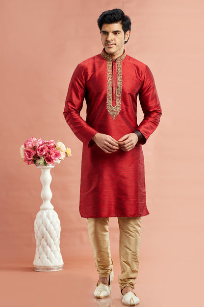 Maroon Banarasi Art Silk Kurta Pajama (NMK-7935) - Nihal Fashions