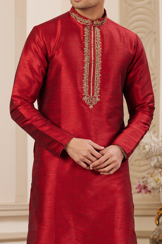 Maroon Banarasi Art Silk Kurta Pajama (NMK-8475) - Nihal Fashions