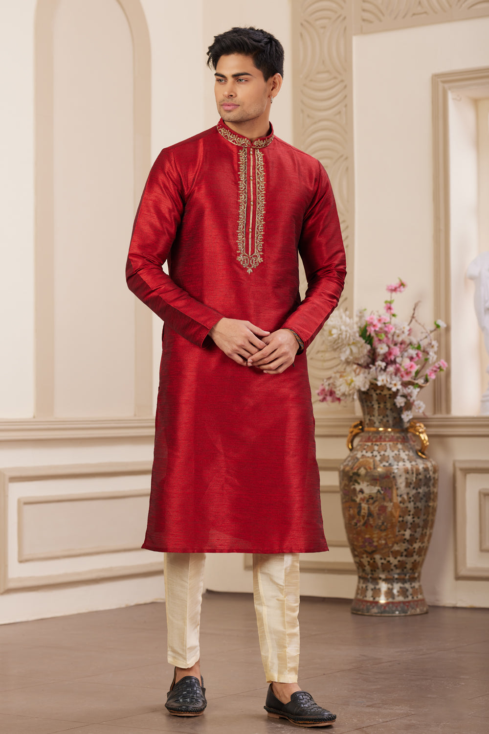 Maroon Banarasi Art Silk Kurta Pajama (NMK-8475) - Nihal Fashions