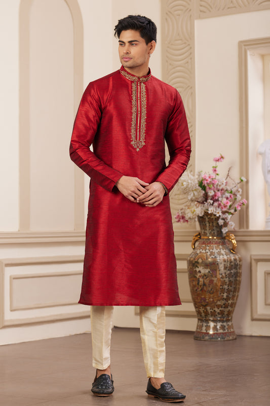 Maroon Banarasi Art Silk Kurta Pajama (NMK-8475) - Nihal Fashions