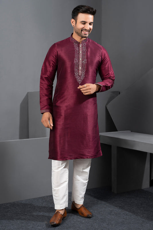 Maroon Banglori Silk Kurta Pajama (NMK-8732) - Nihal Fashions