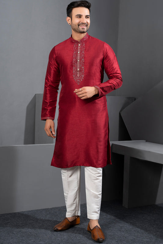 Maroon Banglori Silk Kurta Pajama (NMK-8735) - Nihal Fashions