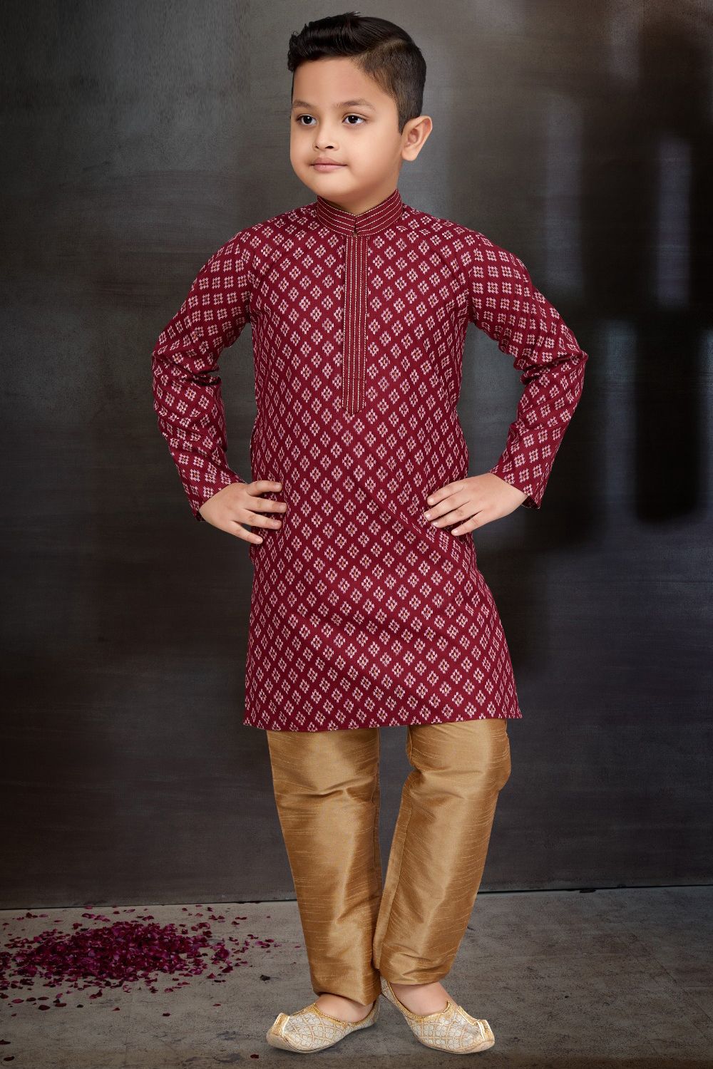 Maroon Cotton Printed Boys Kurta Pajama (NKK-783) - Nihal Fashions