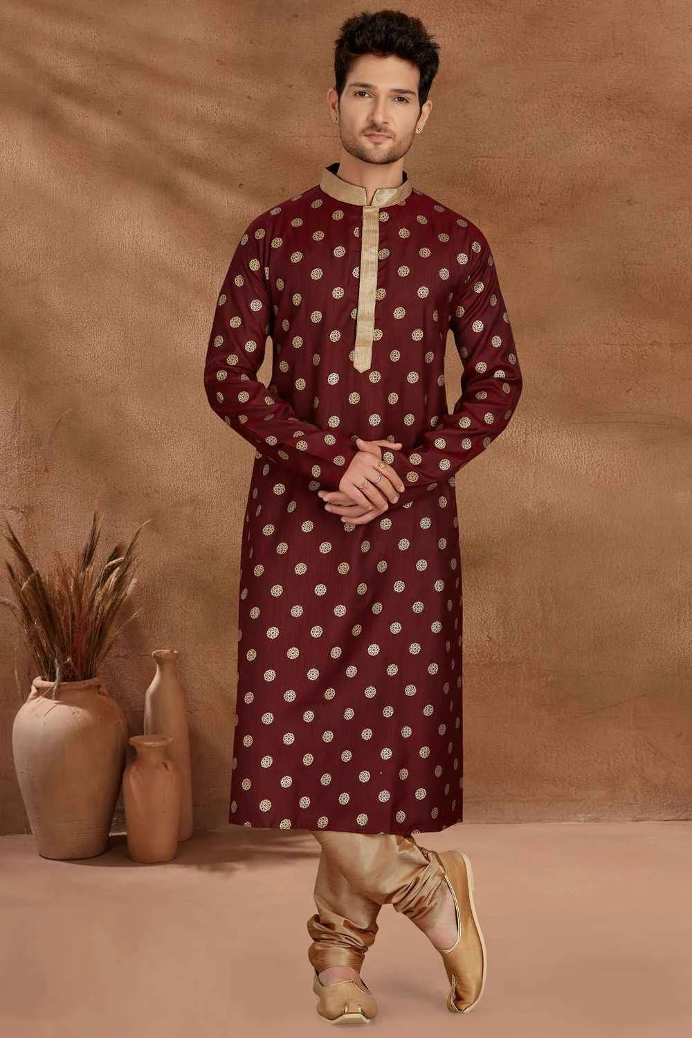 Maroon Cotton Printed Kurta Pajama (NMK-5481)