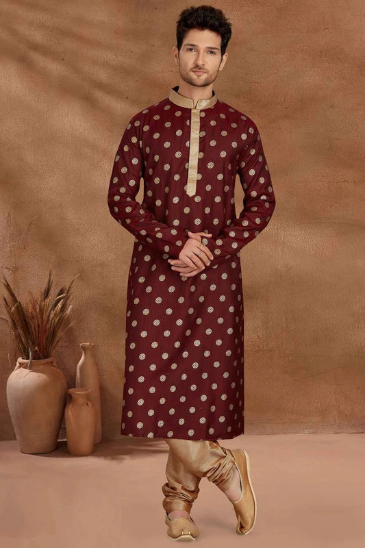 Maroon Cotton Printed Kurta Pajama (NMK-5481)