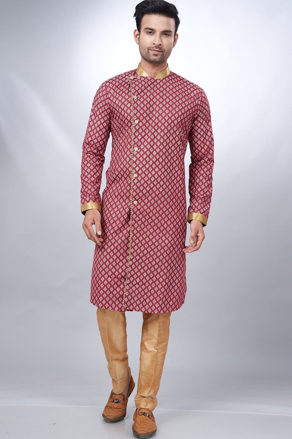 Maroon Cotton Printed Mens Indo Western (NMK-6925) - Nihal Fashions