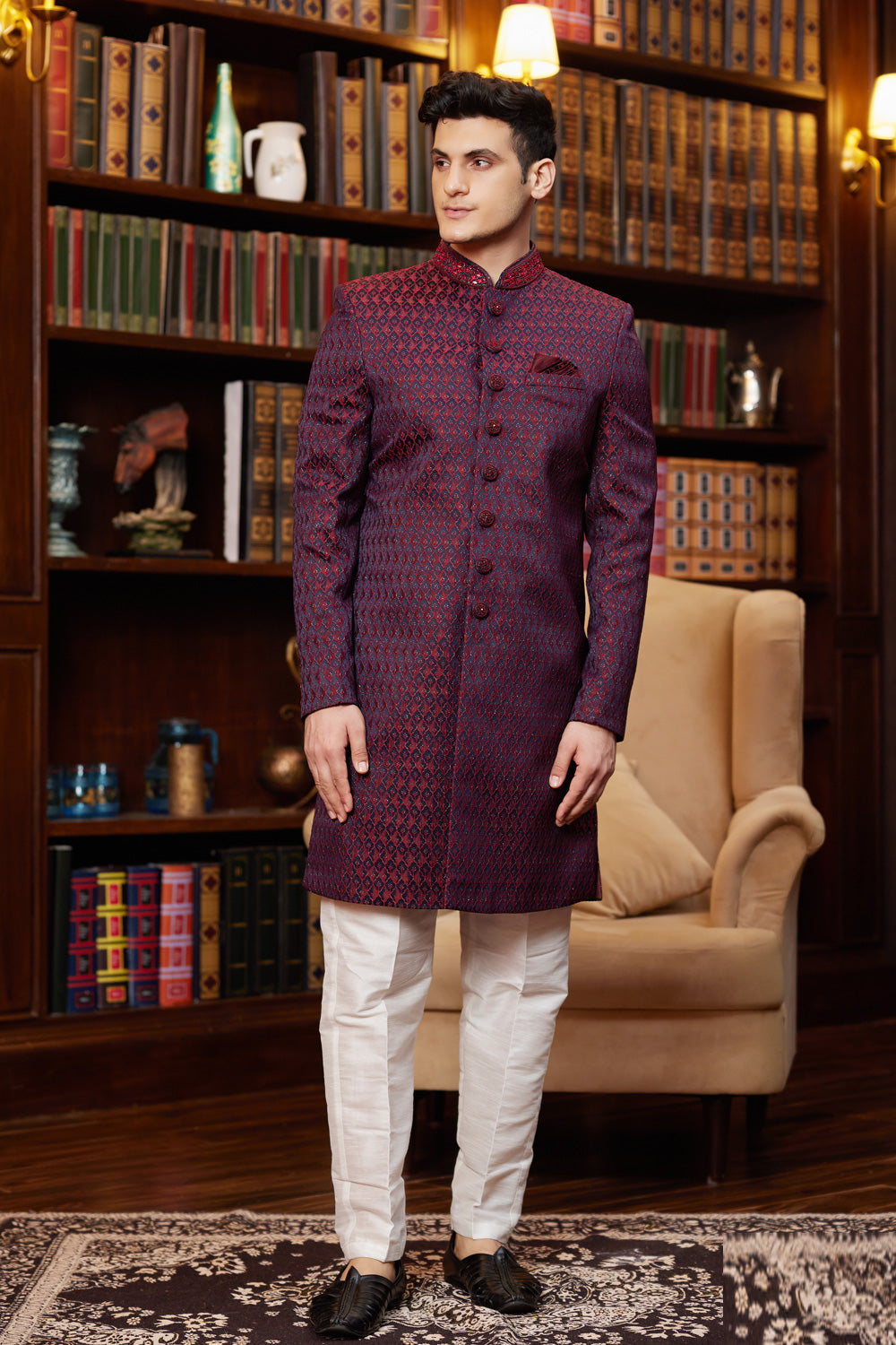 Maroon Imported Jaquard Silk Indo Western (NMK-8294) - Nihal Fashions