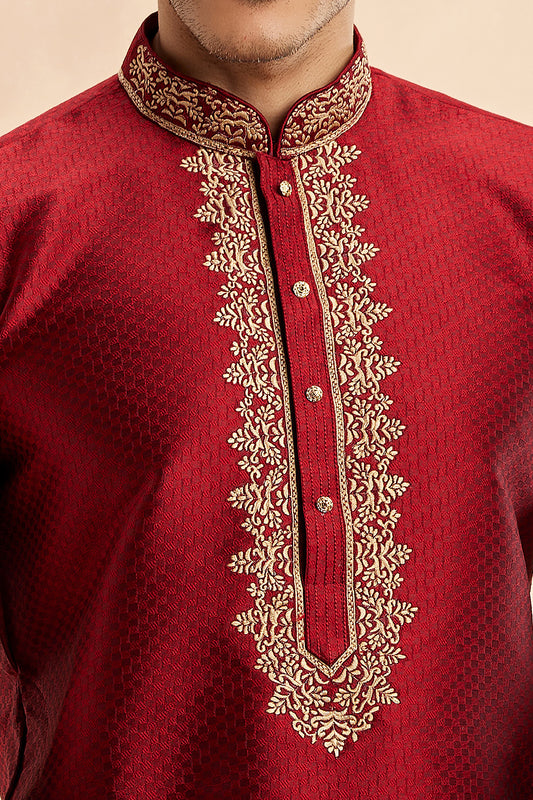 Maroon Jaquard Art Silk Kurta Pajama (NMK-7922) - Nihal Fashions