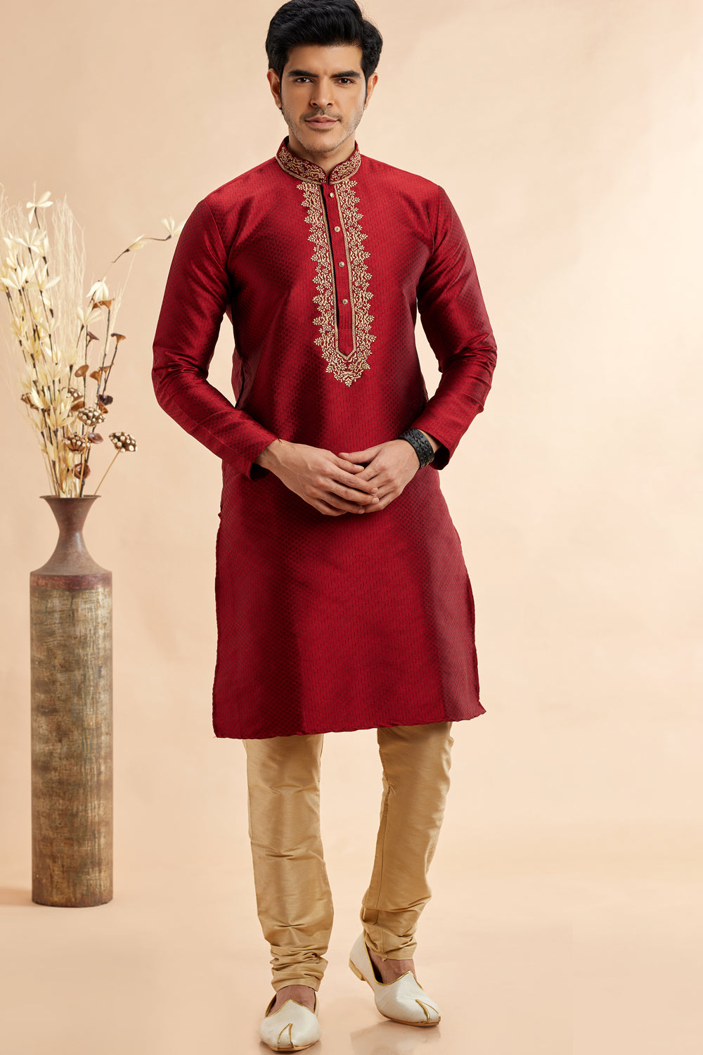Maroon Jaquard Art Silk Kurta Pajama (NMK-7922) - Nihal Fashions