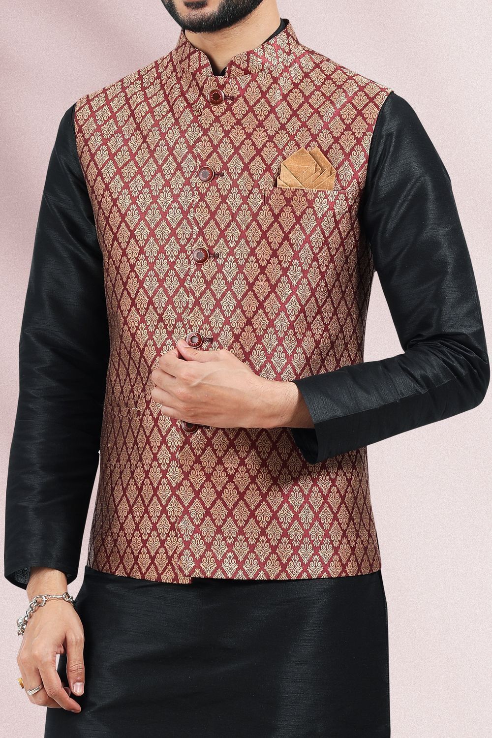 Maroon Jaquard Banarasi Silk Nehru Jacket (NMK-6690) - Nihal Fashions