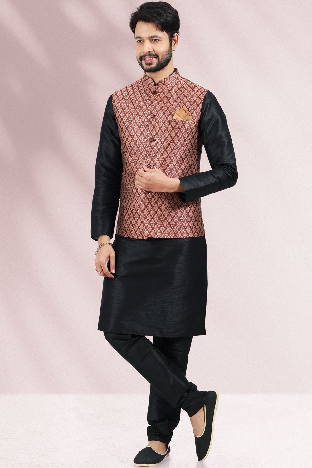Maroon Jaquard Banarasi Silk Nehru Jacket (NMK-6690) - Nihal Fashions